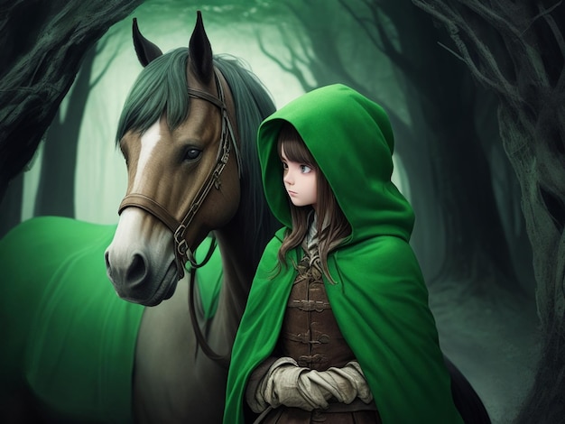 Милая девушка в зеленом плаще с капюшоном с лошадью Эффект тонизации
