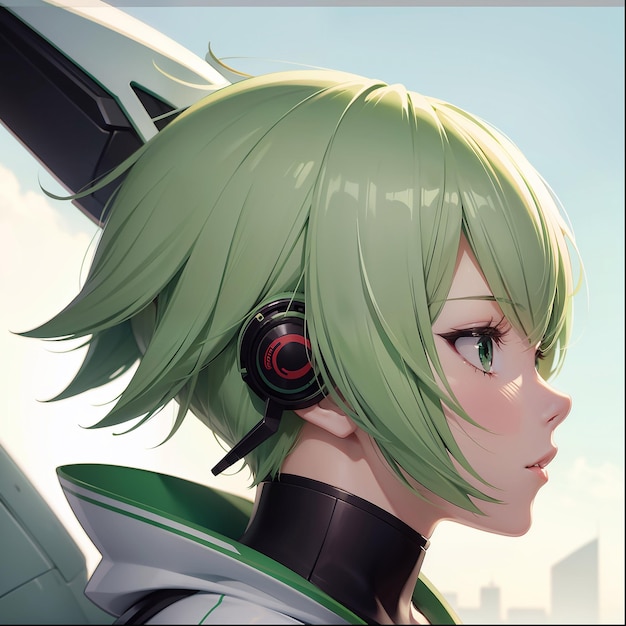 Cute girl green short hair anime scifi background generative AI illustration art