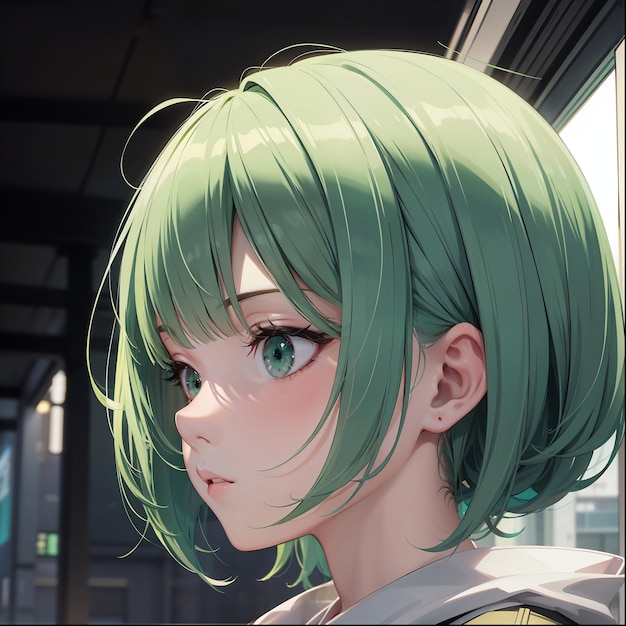 Cute girl green short hair anime scifi background generative AI illustration art