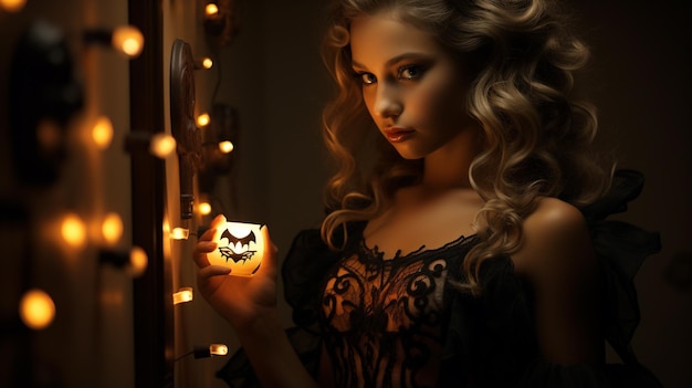 Cute girl in Halloween theme dress on dark background Generative AI