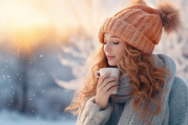 Photo cute girl in a hat and mittens with a cup of tea and a sky with snowflakes
