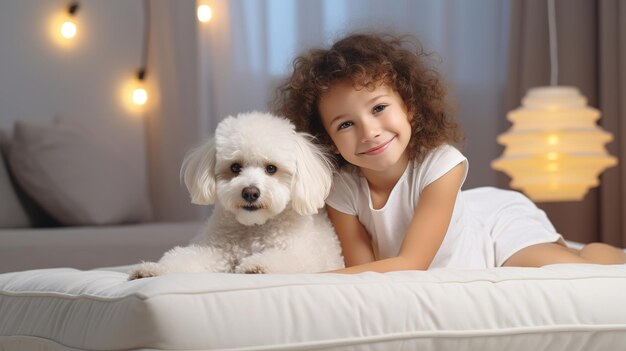 A cute girl and her dog are relaxing and playing on the bed Friendship between a child and a dog High quality photo