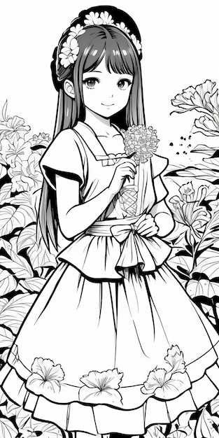 a cute girl hold some rose flower in hand Outline drawing cartoon 2d character line art