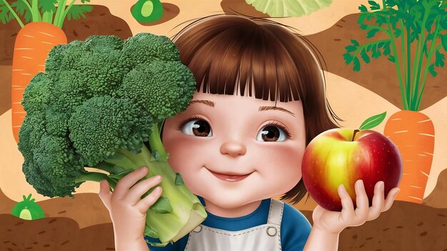 Photo cute girl holding broccoli and apple