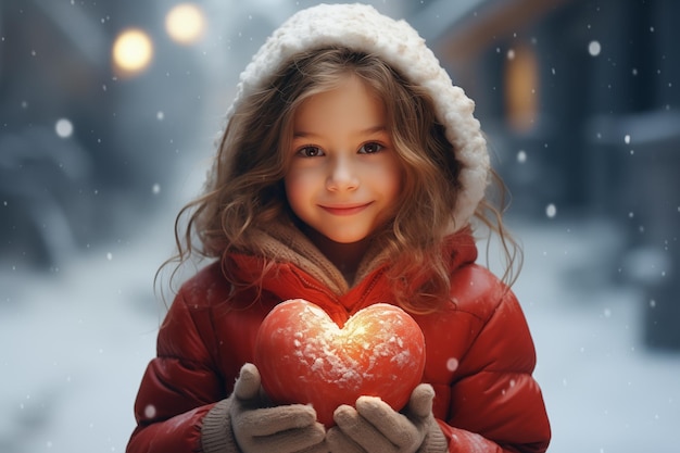 Cute girl holding a glowing red heart in a snowy Valentines Day Kindness and Help Concept