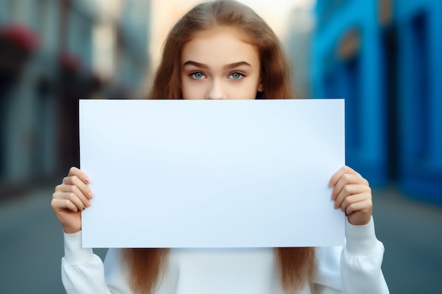 Cute girl holding a white board suitable for text