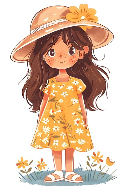 Photo cute girl illustration wirtth yello spring dress and hat