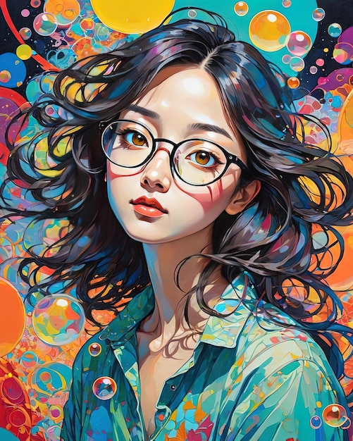 Cute girl illustration with bubbles and eyeglass