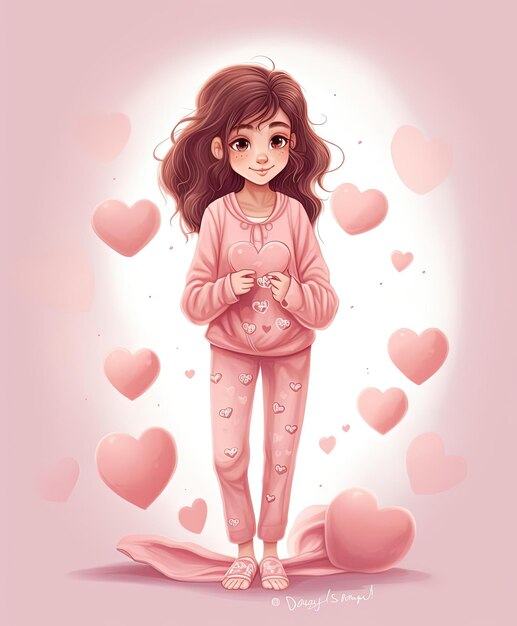 милая девушка одета в пижаму с сердечками в стиле светло-пурпурного и бежевого цвета