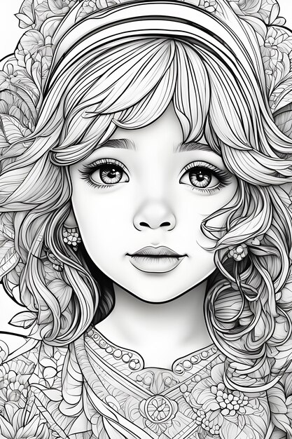 Photo cute girl for kids coloring book page