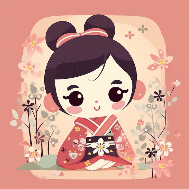 A cute girl in a kimono with a flower pattern.