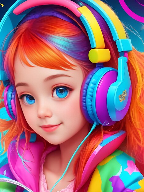 Photo a cute girl listening song with headphone colorful background ai image