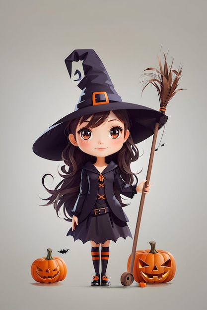 A Cute girl look like witch with Halloween and Pumpkins