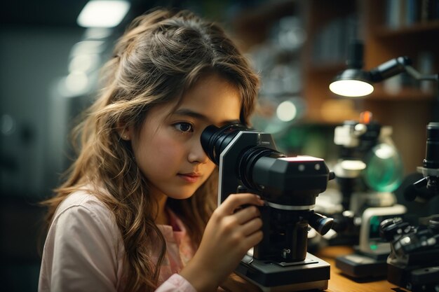 Cute girl looking through microscope