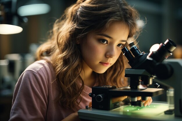 Cute girl looking through microscope