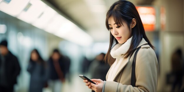 A cute girl looks at a mobile phone and smiles