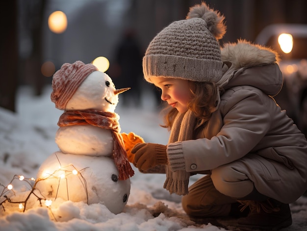 Photo a cute girl making a snowman with winter coat scarf light at christmas time snow winter