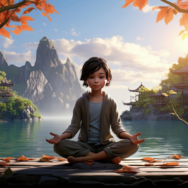 Photo cute girl meditates in the lotus position against the backdrop of the sea and mountains