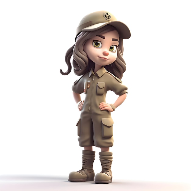 Cute girl in military uniform on white background3d rendering