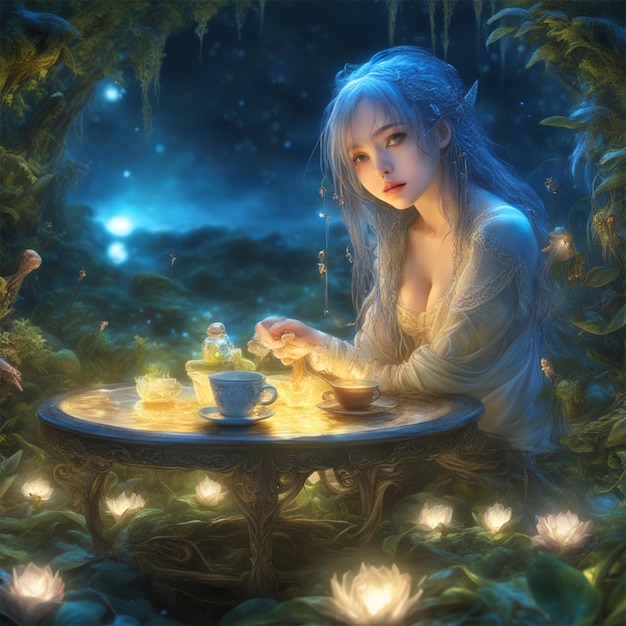 귀여운 여자 밤 커피 테이블