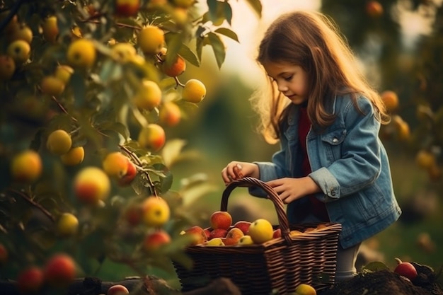 Cute girl pick up harvest of fruits in autumn farm