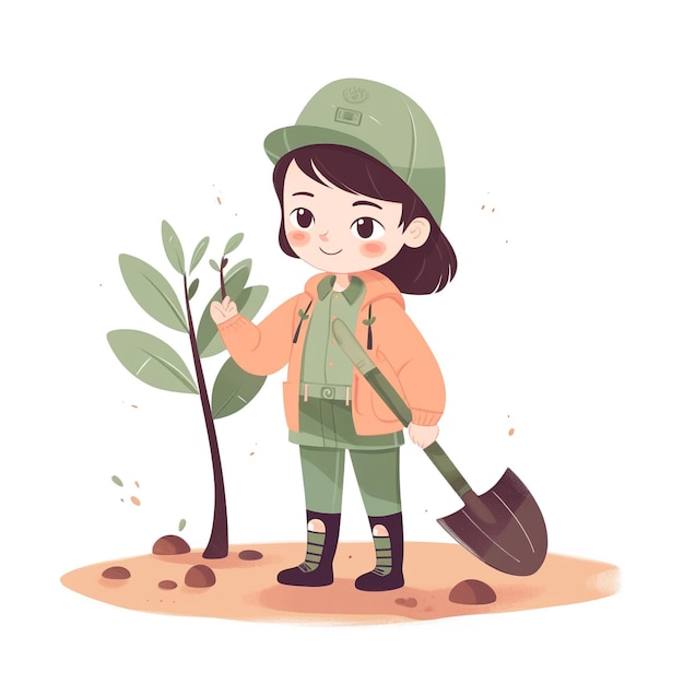 Cute girl planting a small tree with a shovel