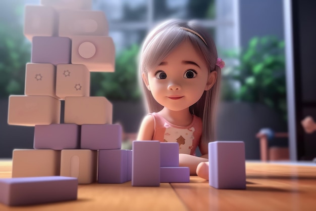 Милая девочка играет с разноцветными деревянными блоками в школе Мультипликационный персонаж Generative Ai Technology