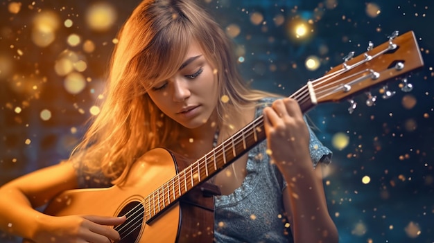 cute girl playing guitar and smoke glitter background generative AI