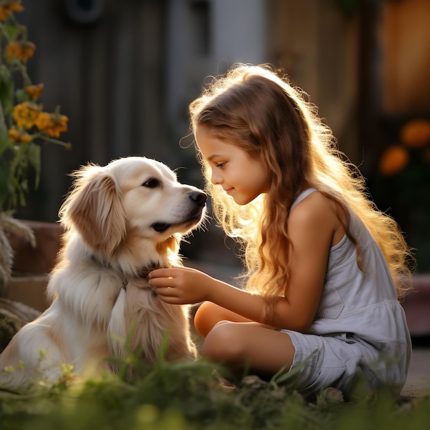 Photo cute girl playing with cute dog generative ai