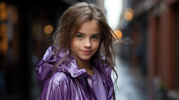 Милая девушка в фиолетовом дождевике