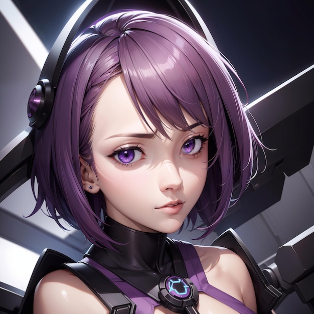 Cute girl purple short hair anime scifi background generative AI illustration art