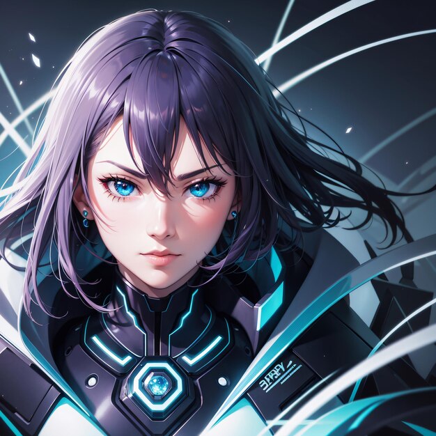 Cute girl purple short hair anime scifi background generative AI illustration