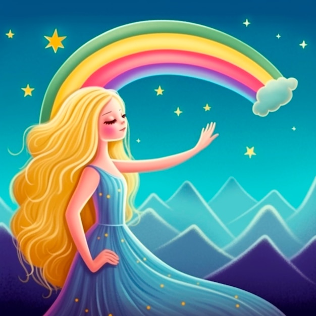 Foto ragazza carina e arcobaleno illustrazione dell'acquerello