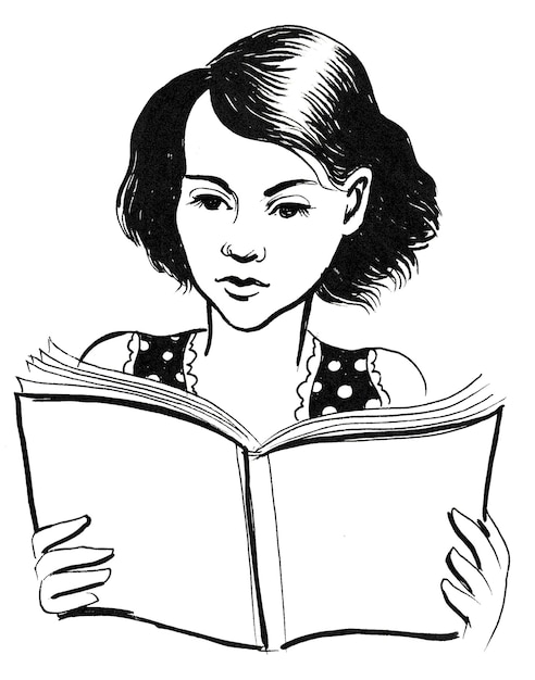 Foto ragazza carina che legge un grande libro. disegno a inchiostro in bianco e nero