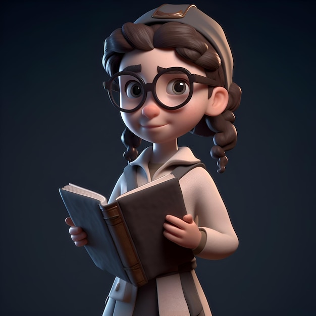 Photo cute girl reading a book on a dark background 3d rendering