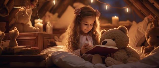 cute girl reading book in library