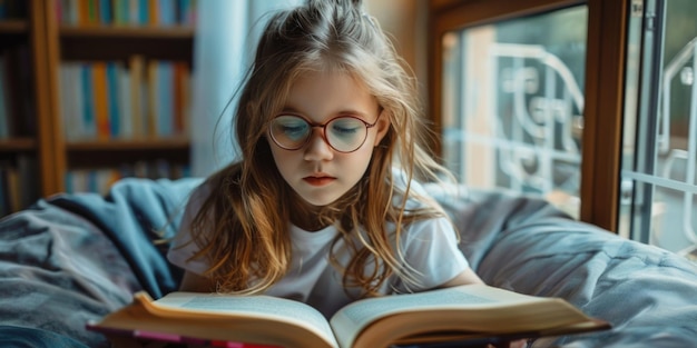 Cute girl reading a book and smiling while sitting on a sofa in the room ai generated