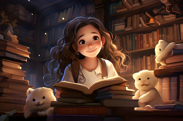 Cute girl reading literature on library