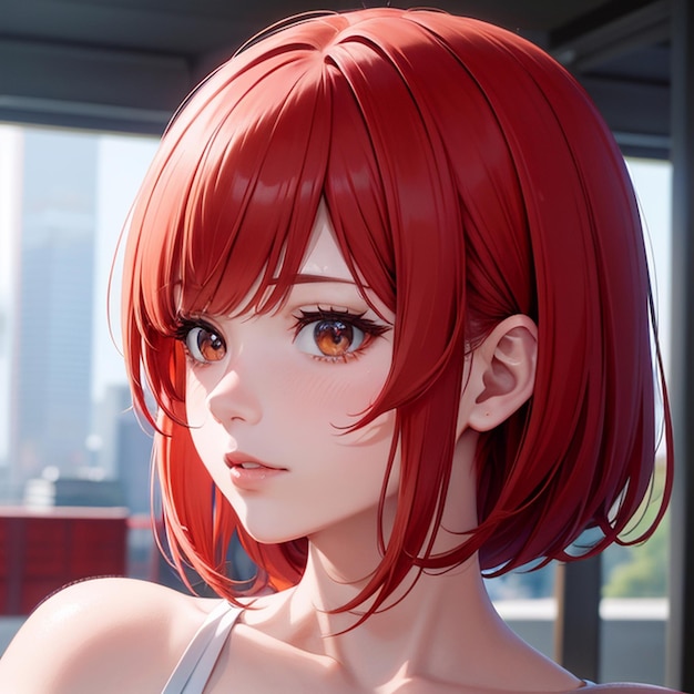 Cute girl red short hair anime scifi background generative AI illustration art