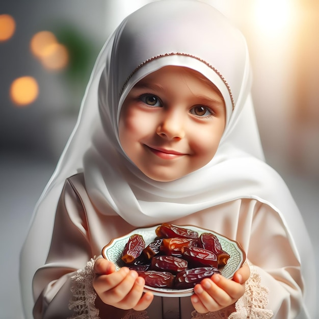 Cute girl in shayla holding dried dates Ramadan banner with copyspace Shallow depth of field