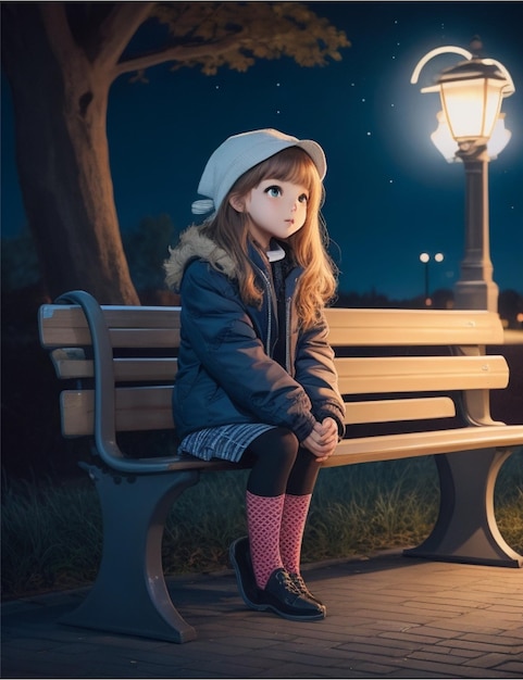 Милая девушка сидит ночью на скамейке
