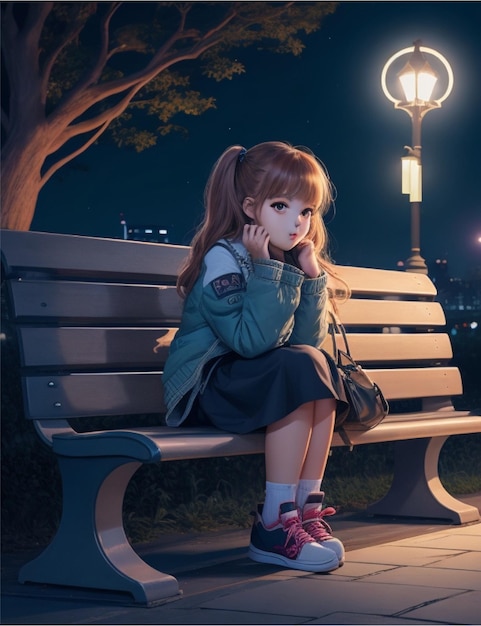 a cute girl sitting on bench in night