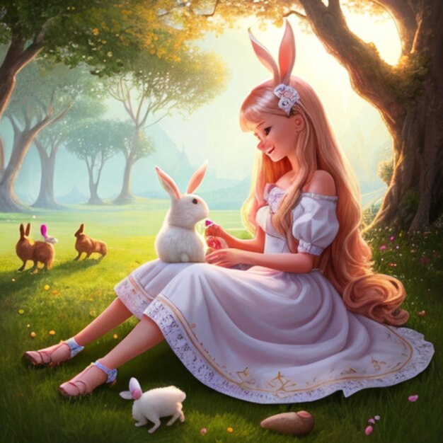 Милая девушка сидит в саду и играет с кроликами