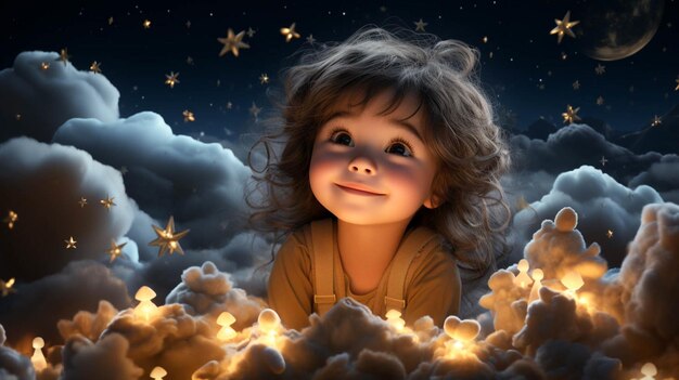 A cute girl sitting with stars in the sky