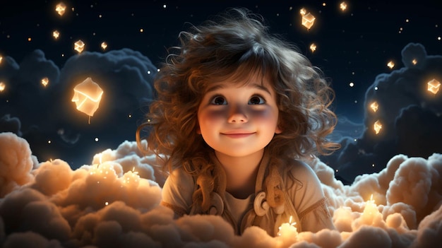 Photo a cute girl sitting with stars in the sky