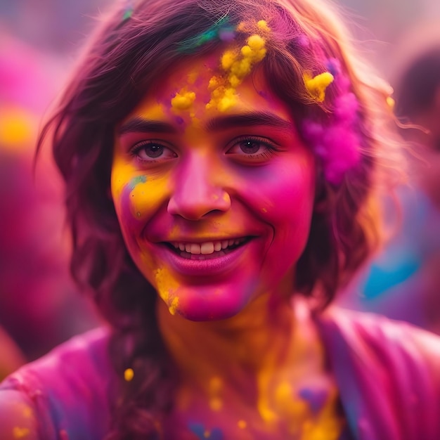 Photo a cute girl smile with colorful holi powder on her face