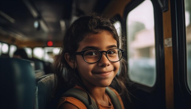 Photo cute girl smiling on bus adventure journey generated by artificial intelligence