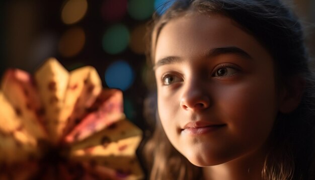 Милая девушка улыбается, глядя в камеру, наслаждаясь рождественскими украшениями в помещении, созданными ИИ