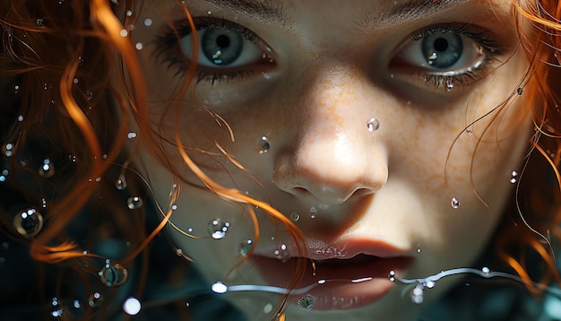 Photo a cute girl smiling, looking at camera, enjoying the rain generated by ai