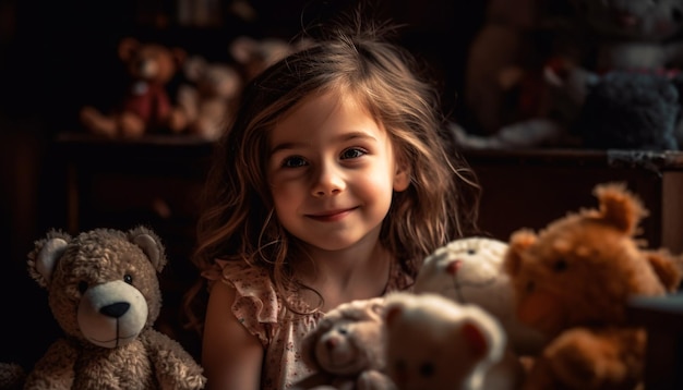 Cute girl smiling with teddy bear toy generated by AI